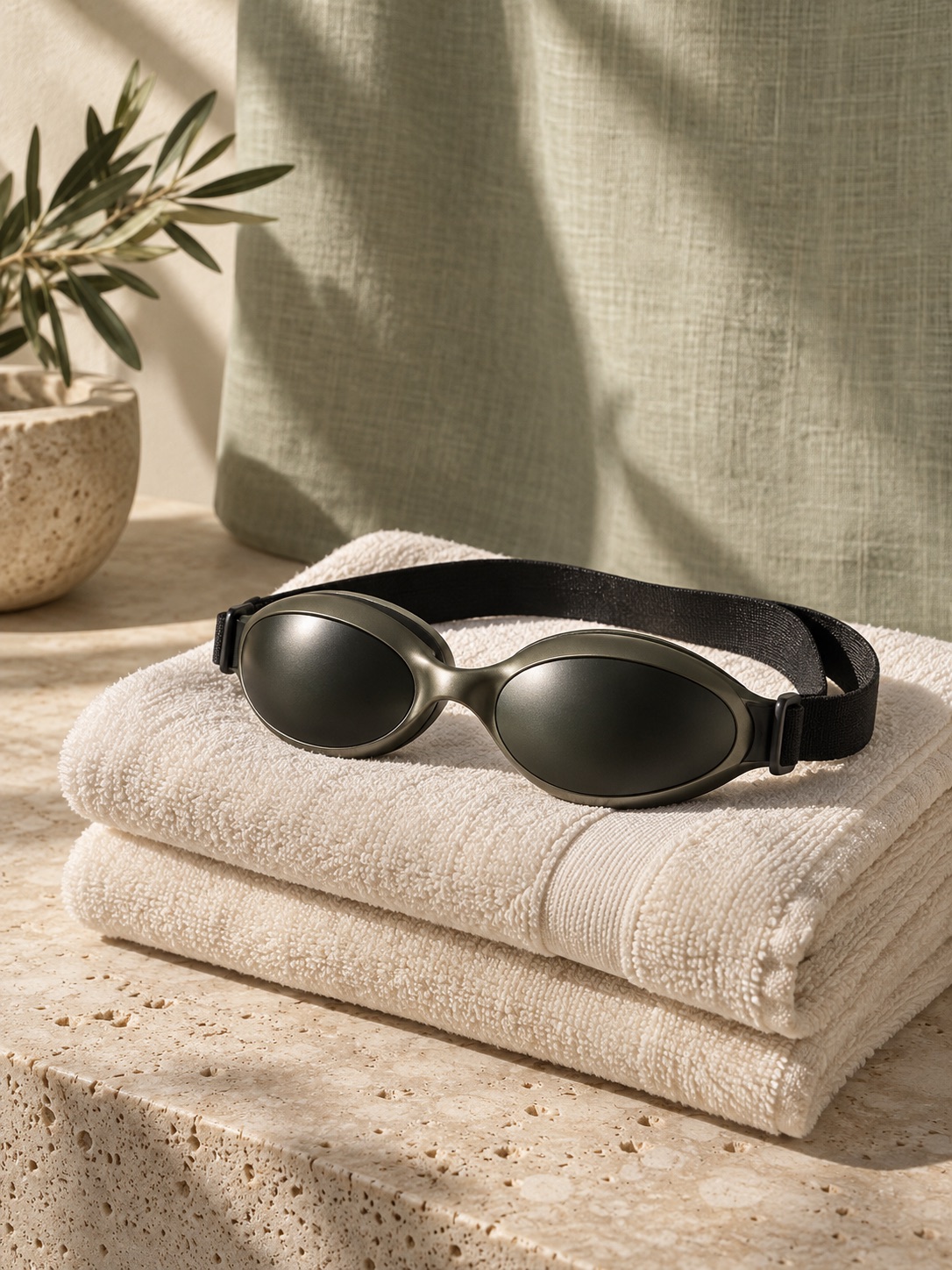 AI-generated editorial still life of protective goggles and folded towels