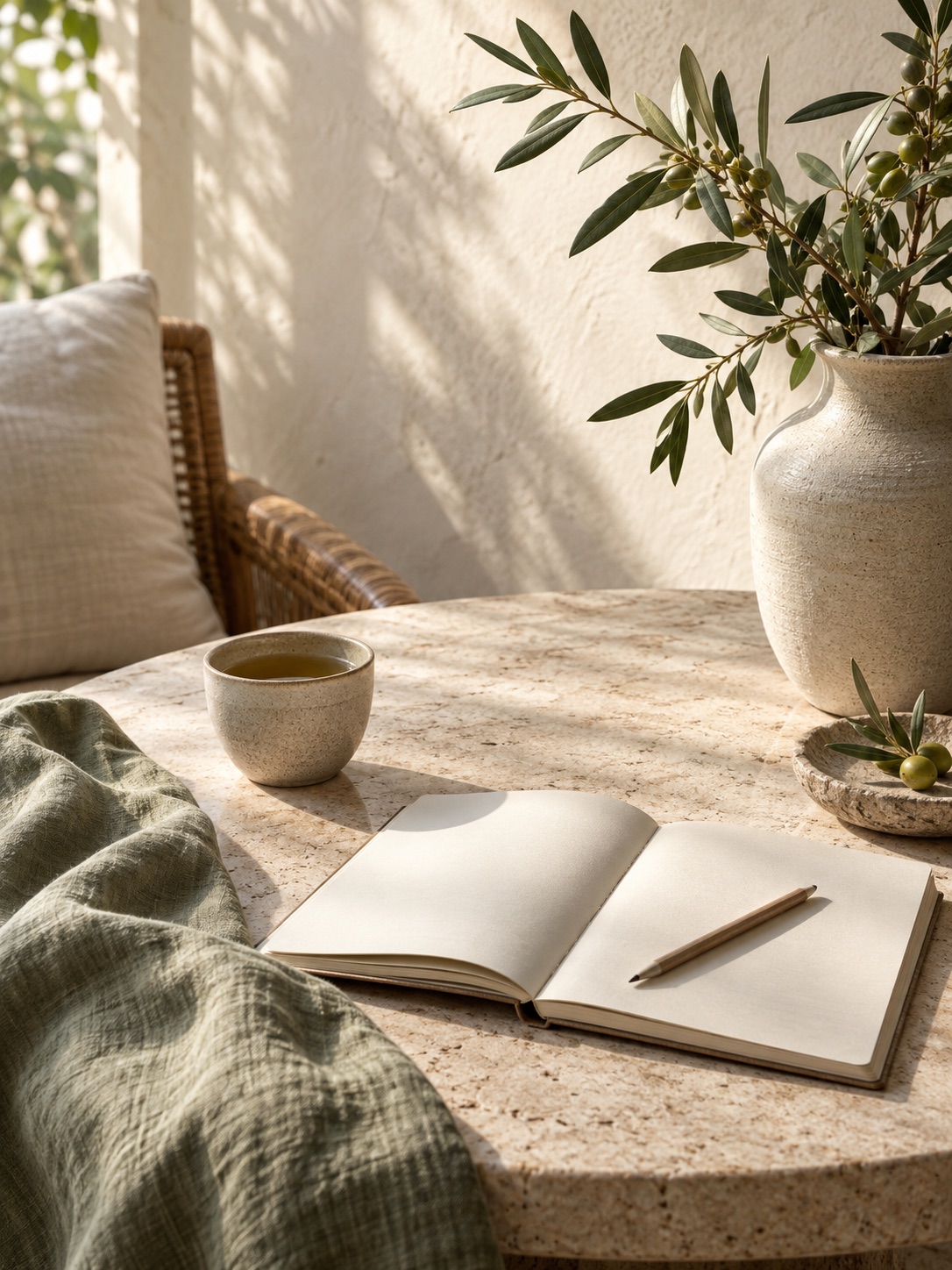 AI-generated editorial still life with a journal, tea and olive branches